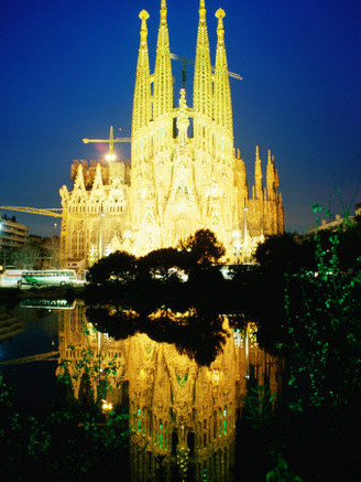 Temple Expiatori De La Sagrada Familia at Night, Barcelona, Catalonia, Spain