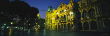 Building Lit Up at Night, Barcelona, Catalonia, Spain