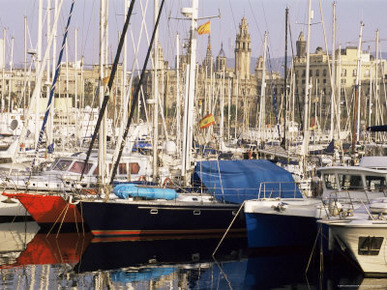 Port Vell (Old Port) and Old City Behind, Barcelona, Catalonia, Spain