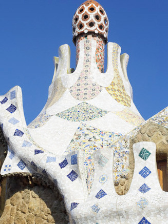 Bizarre Gaudi's Mosaics Roof, Guell Park (Parc Guell), Barcelona, Catalonia (Cataluna), Spain