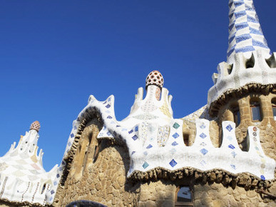 Bizarre Gaudi's Mosaics Roof, Guell Park (Parc Guell), Barcelona, Catalonia (Cataluna), Spain