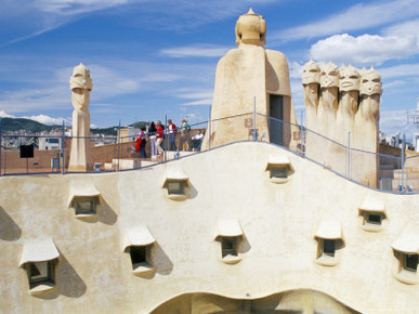 View of Gaudi's Casa Mila Modernist Roof Terrace, La Pedrera, Barcelona, Catalonia, Spain
